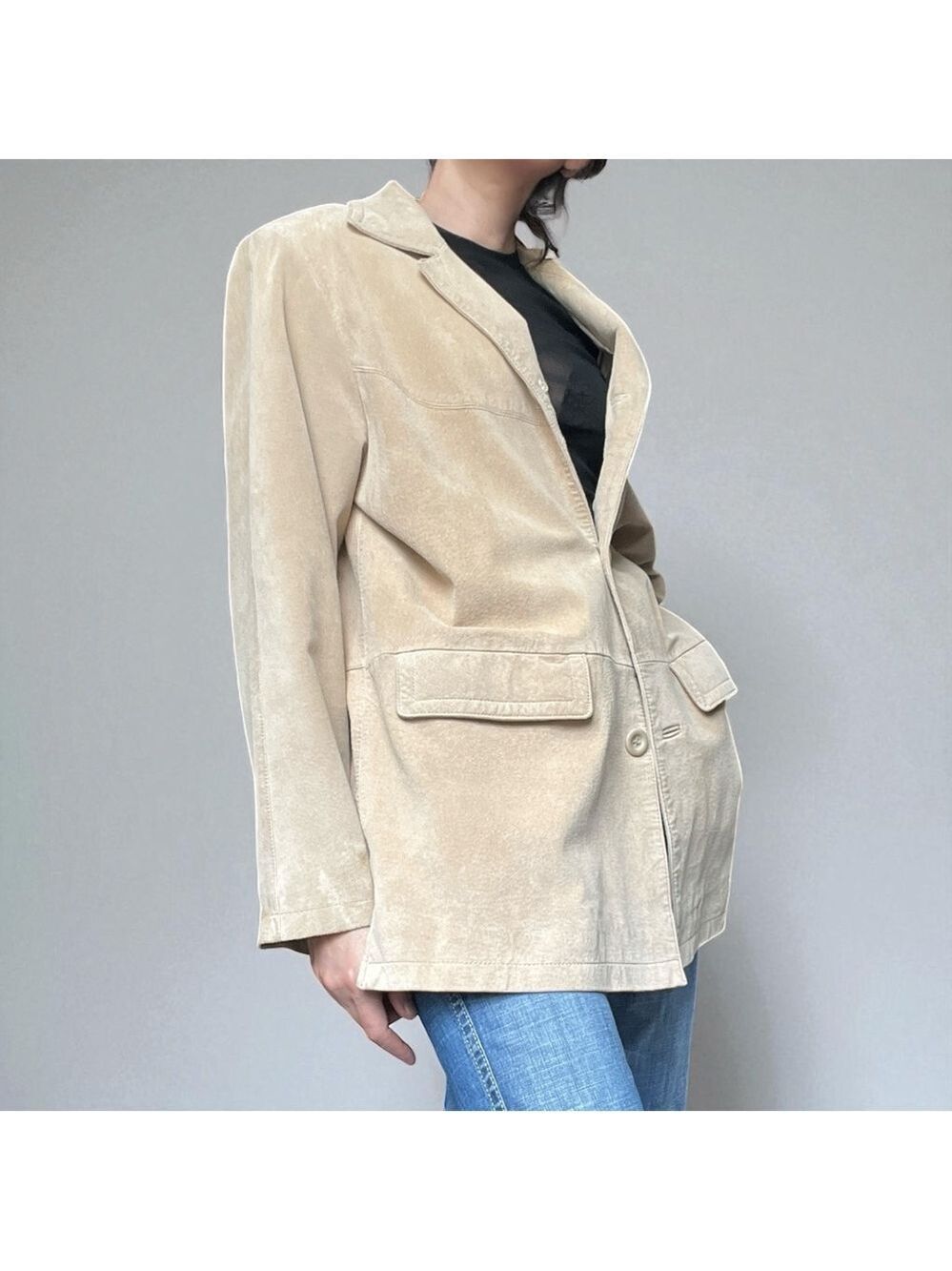 Vintage 90s Jessica Holbrook Genuine Suede Beige Blazer Jacket Sz M Minimalist